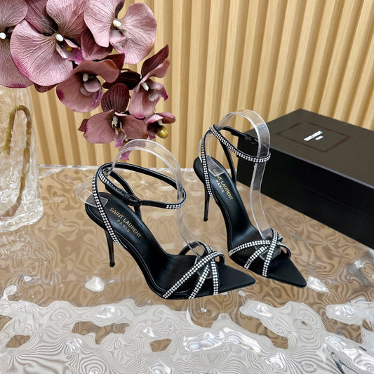 Saint Laurent SL ONE-STRAP RHINESTONE BLACK SATIN