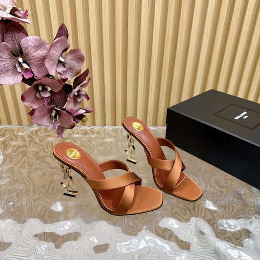 Saint Laurent OPYUM 10 CM HIGH MULES IN BROWNIE SILK