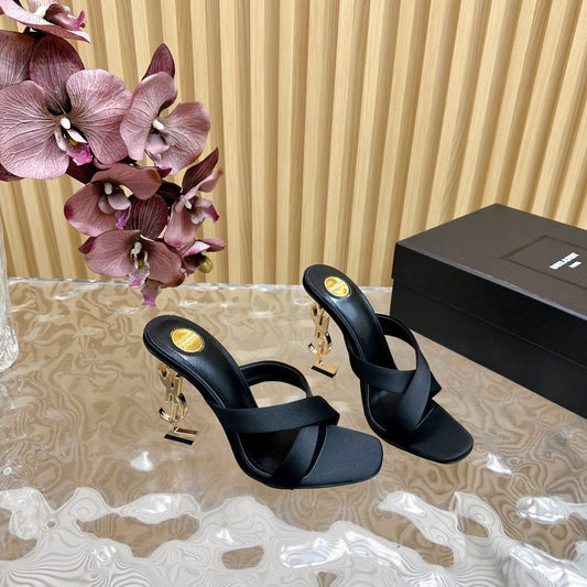 Saint Laurent OPYUM 10 CM HIGH MULES IN BLACK SILK