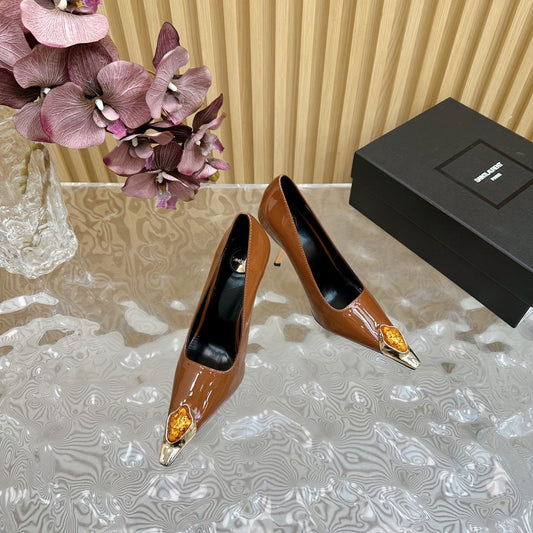 Saint Laurent ORANGE GEM-STUDDED HIGH PUMPS IN BRONZE BROWN PATENT CALFSKIN