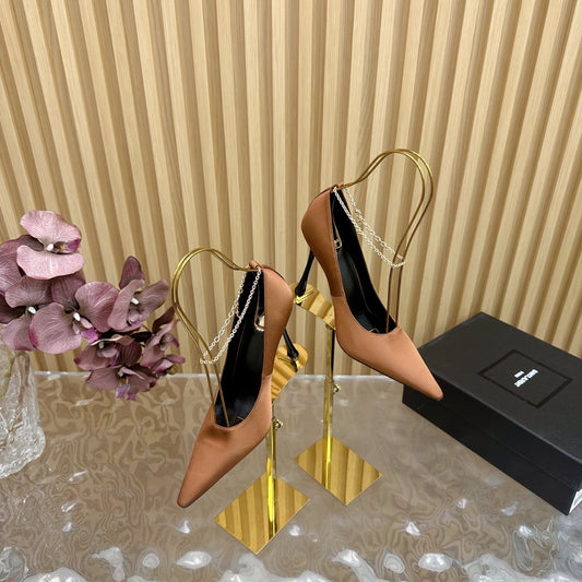 Saint Laurent RÉGINE PUMPS IN RUSTIC ORANGE SATIN GOLD CHAIN