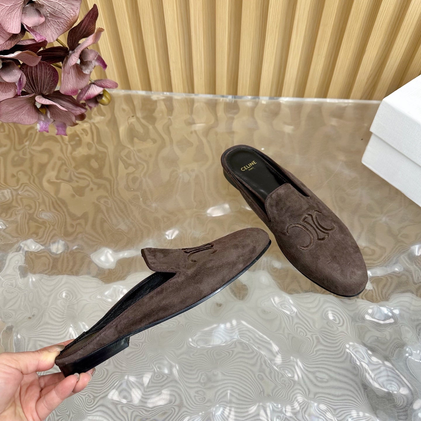 Celine CELINE 25 Slippers Brown Velvet 285913