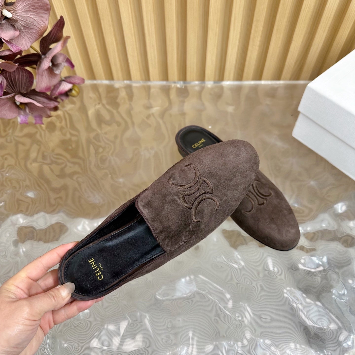 Celine CELINE 25 Slippers Brown Velvet 285913