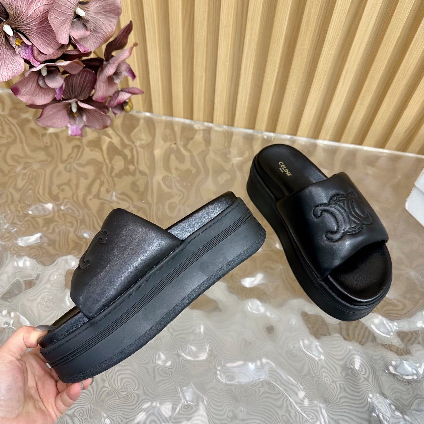 Celine CELINE 25 Sline Sandal Black Sheepskin 285910