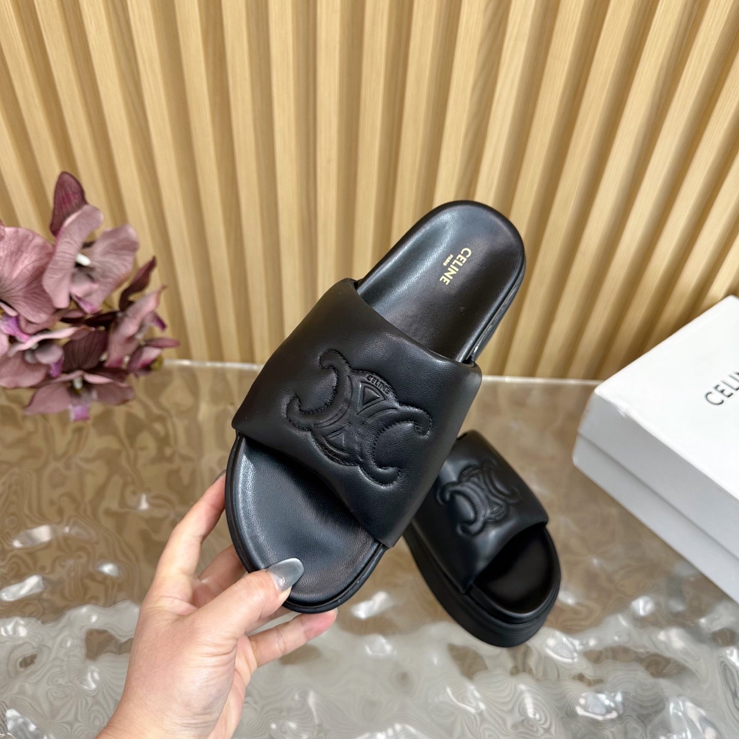 Celine CELINE 25 Sline Sandal Black Sheepskin 285910