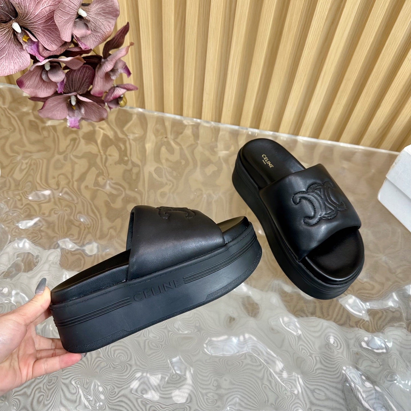 Celine CELINE 25 Sline Sandal Black Sheepskin 285910
