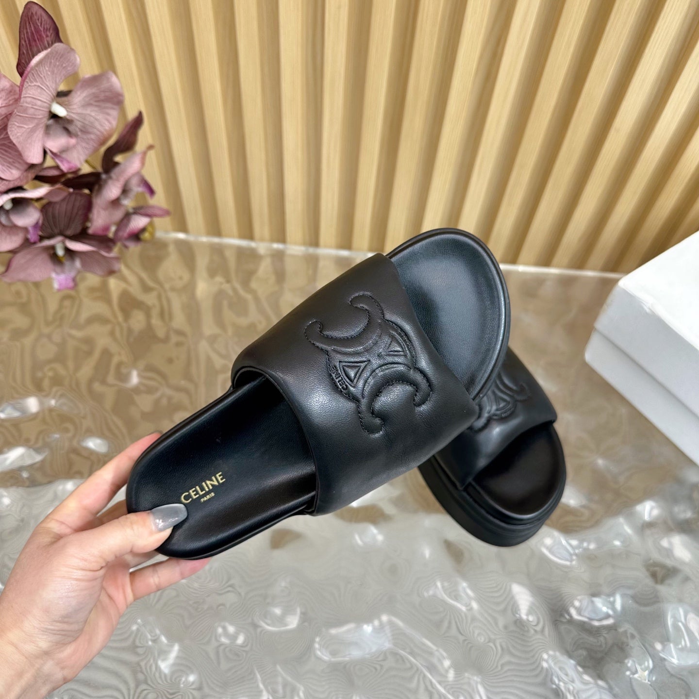 Celine CELINE 25 Sline Sandal Black Sheepskin 285910