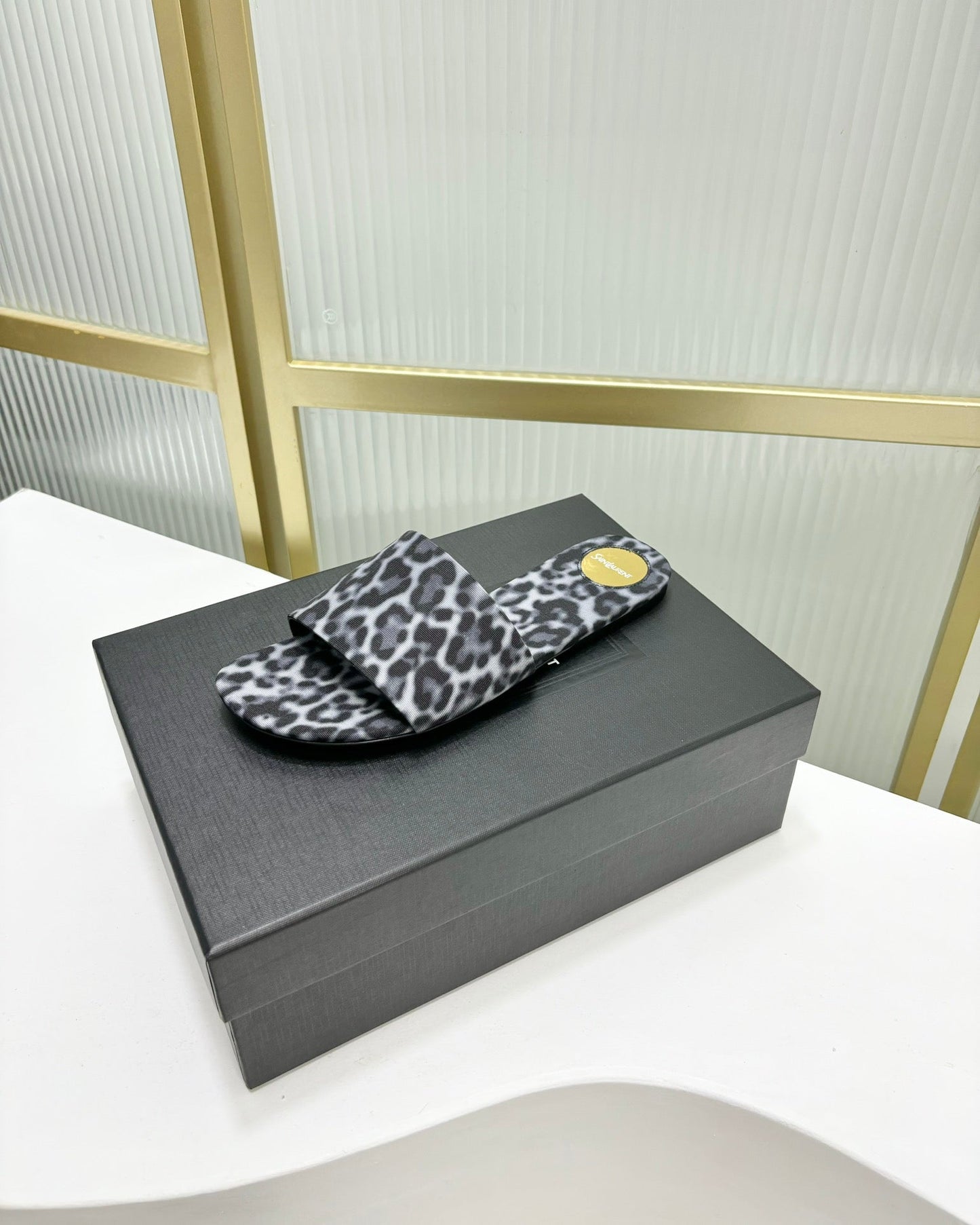 Saint Laurent CARLYLE SLIDES IN LEOPARD GROSGRAIN BLACK WHITE