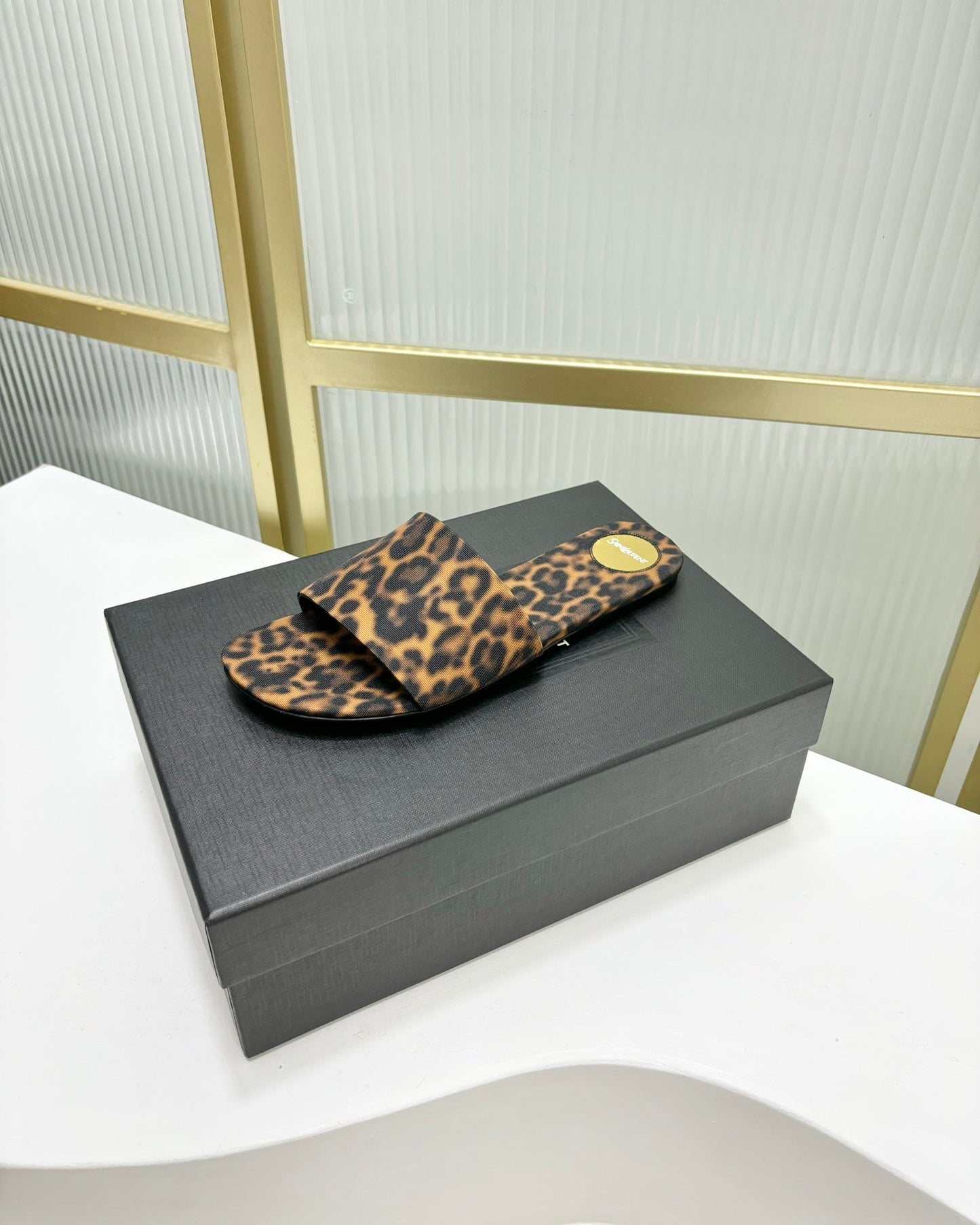 Saint Laurent CARLYLE SLIDES IN LEOPARD GROSGRAIN BLACK GOLD