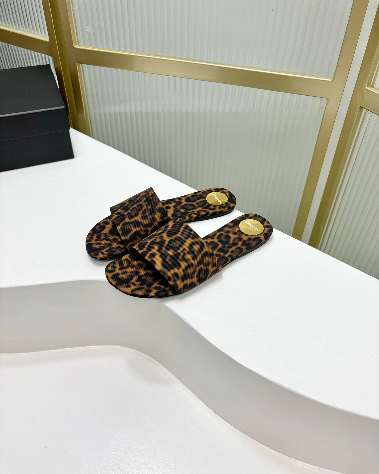 Saint Laurent CARLYLE SLIDES IN LEOPARD GROSGRAIN BLACK GOLD