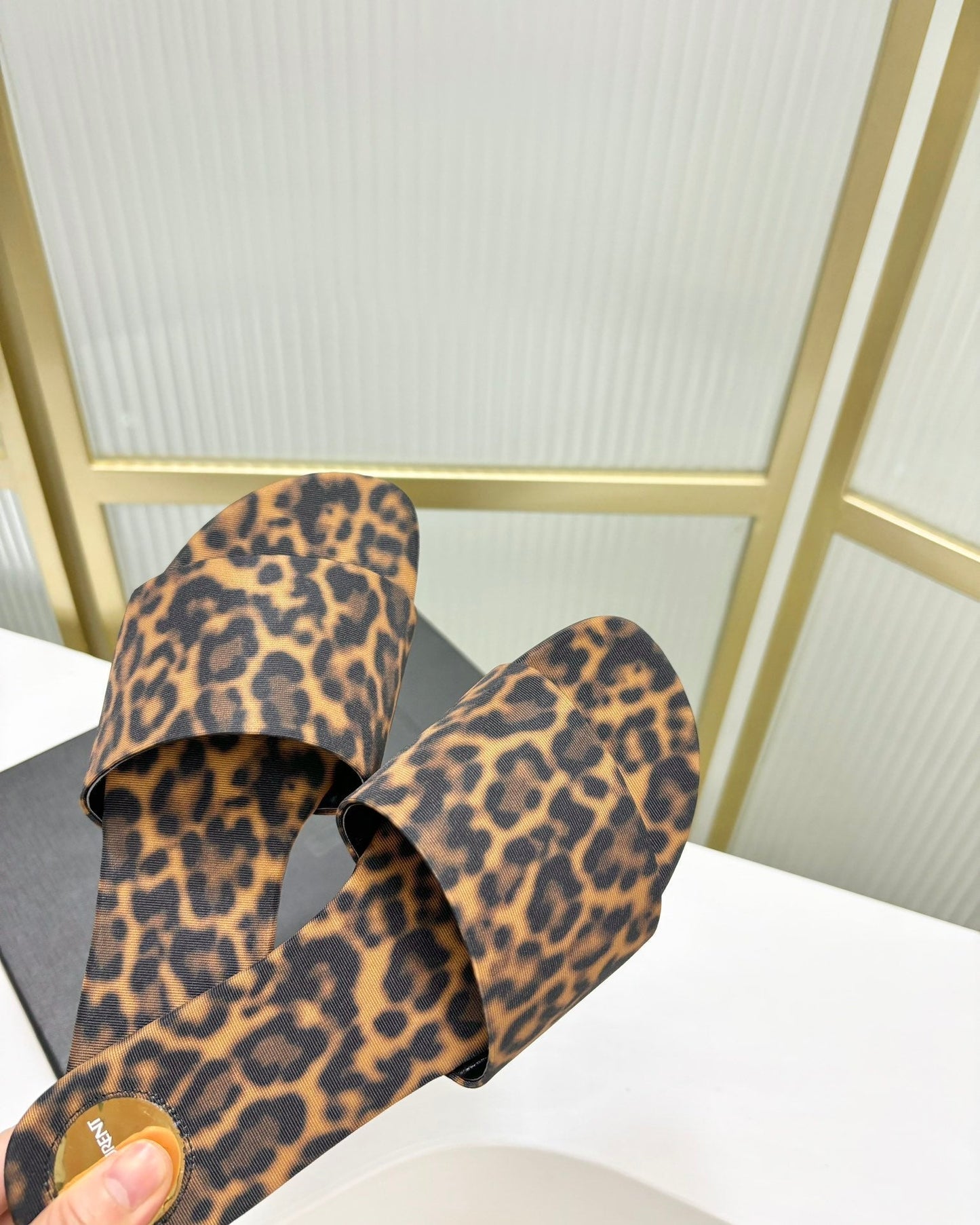 Saint Laurent CARLYLE SLIDES IN LEOPARD GROSGRAIN BLACK GOLD