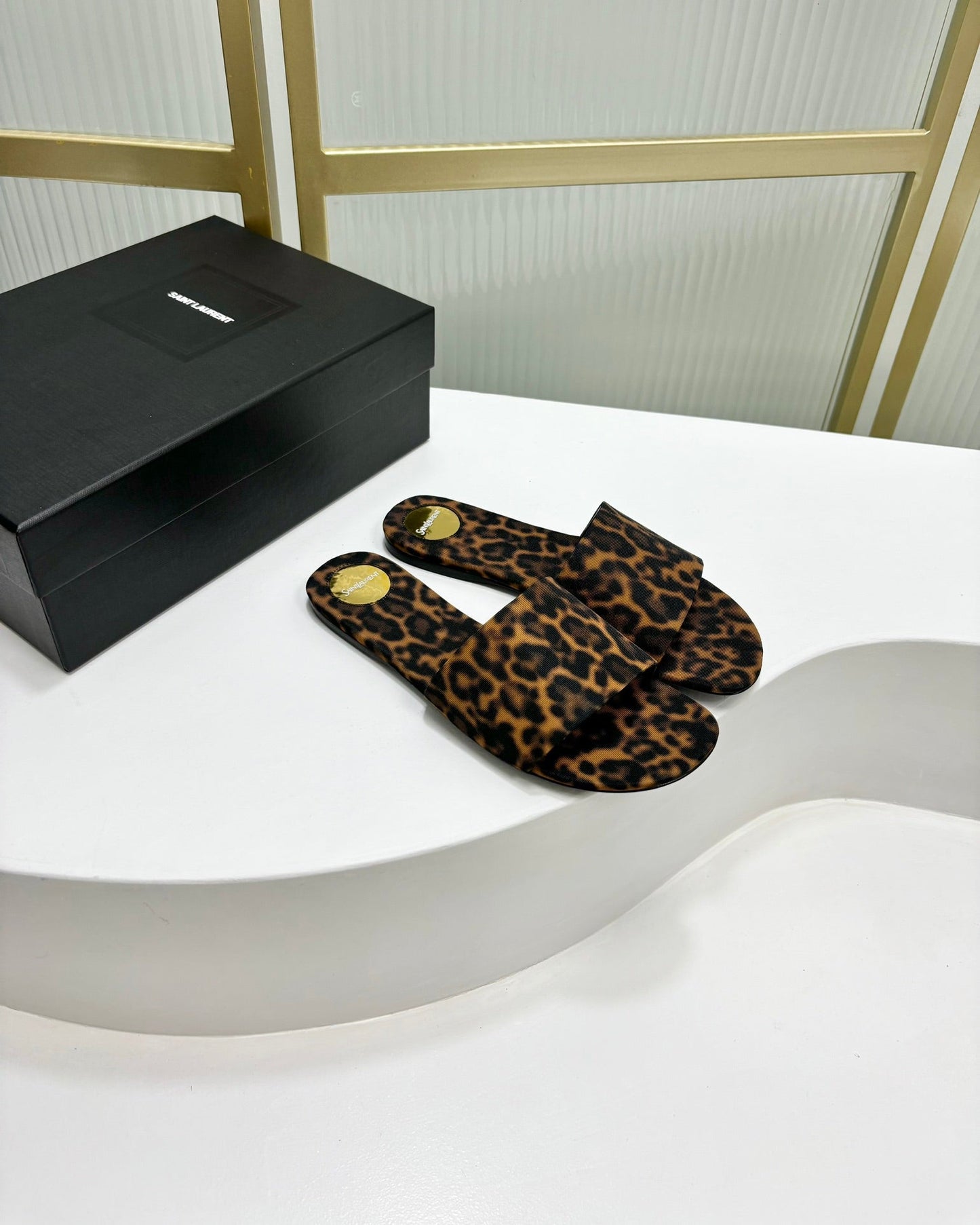 Saint Laurent CARLYLE SLIDES IN LEOPARD GROSGRAIN BLACK GOLD