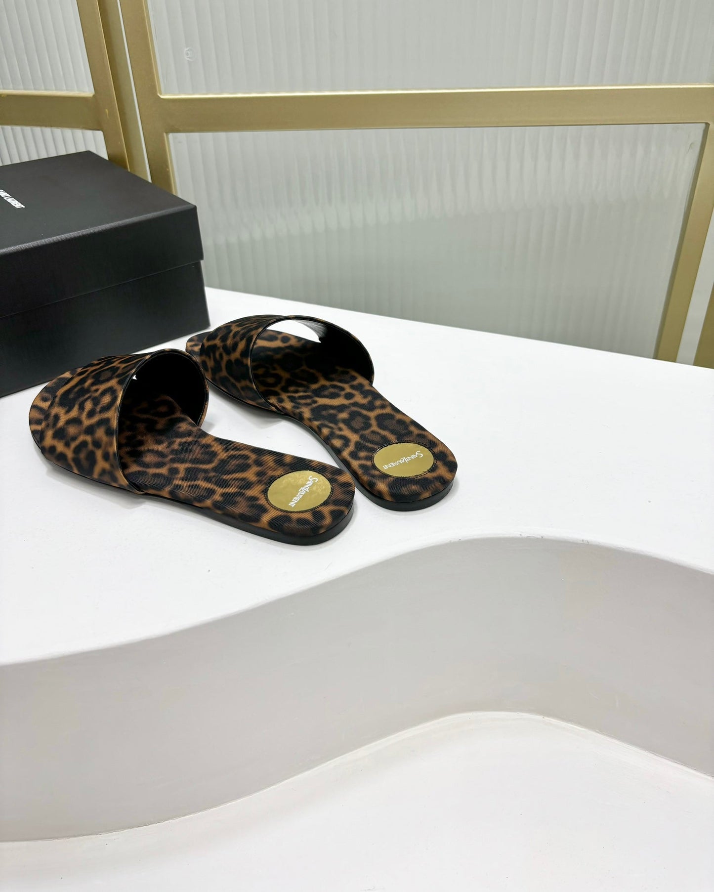 Saint Laurent CARLYLE SLIDES IN LEOPARD GROSGRAIN BLACK GOLD