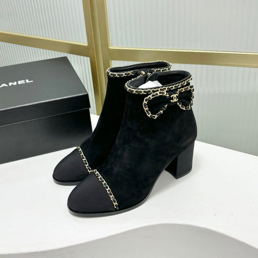 CHANEL Ankle Boot 65 Black Suede Grosgrain Leather Strap