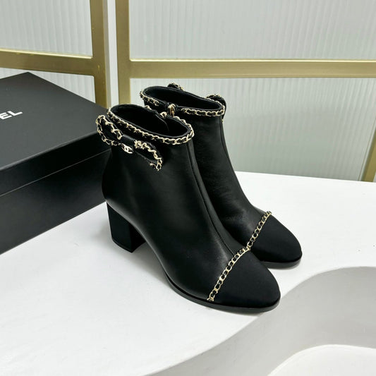 CHANEL Ankle Boot 65 Black Calfkin Grosgrain Leather Strap