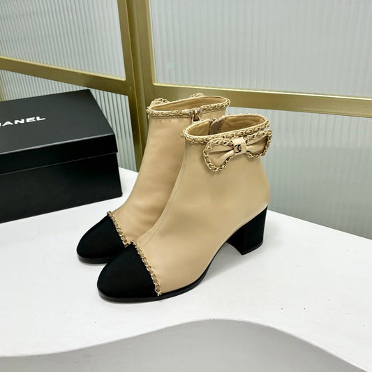 CHANEL Ankle Boot 65 Beige Calfkin Black Grosgrain Leather Strap