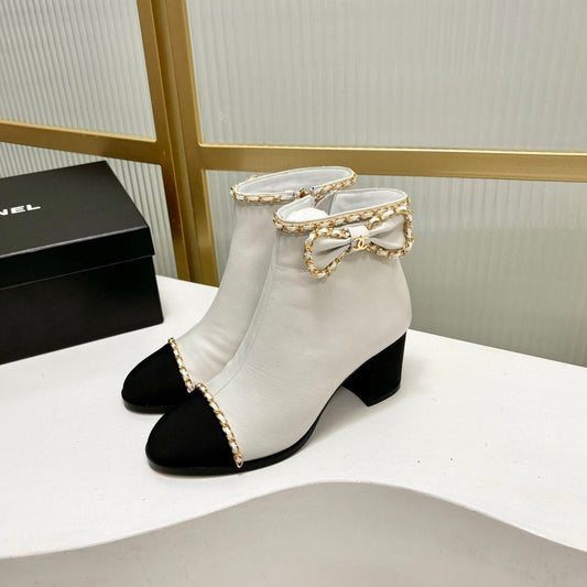CHANEL Ankle Boot 65 White Calfkin Black Grosgrain Leather Strap
