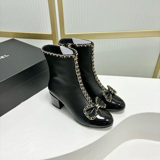 CHANEL Ankle Boot 65 Black Calfskin Patent Calfksin Leather Strap