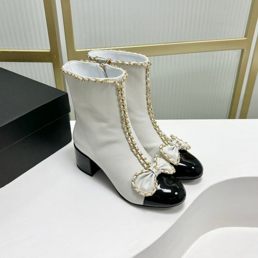 CHANEL Ankle Boot 65 White Calfskin Black Patent Calfksin Leather Strap