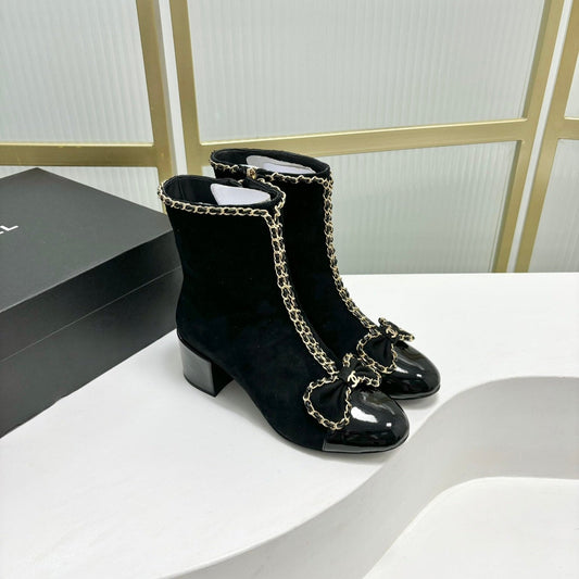 CHANEL Ankle Boot 65 Black Suede Leather Strap