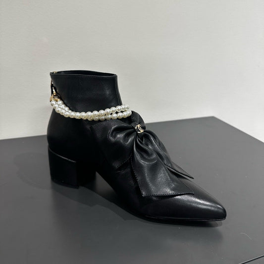 CHANEL Ankle Boots Black Bow Tie Cowhide