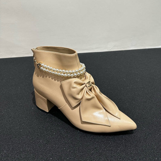 CHANEL Ankle Boots Beige Bow Tie Cowhide