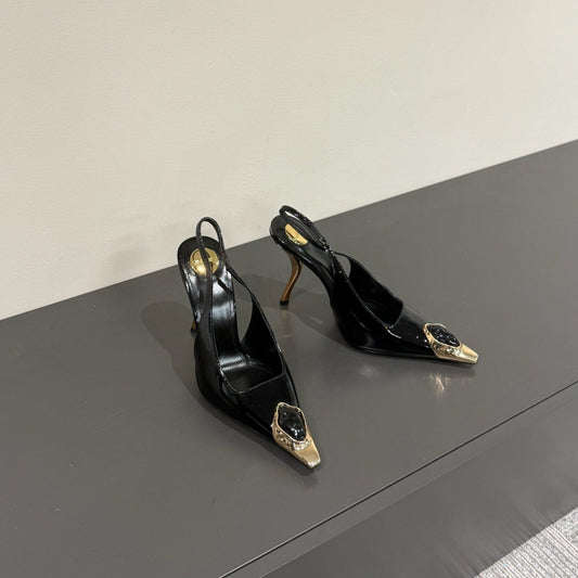 Saint Laurent BLACK GEM-STUDDED SLINGBACK PUMPS IN BLACK PATENT CALFSKIN