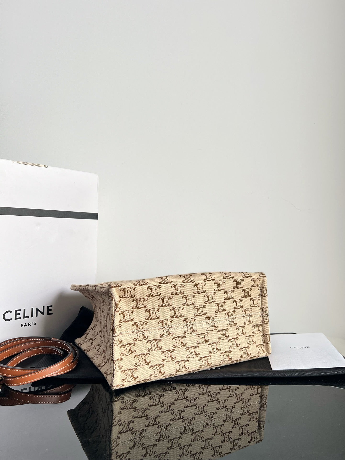 Celine SMALL CABAS THAIS 25.5 BEIGE CANVAS TRIOMPHE CALFSKIN