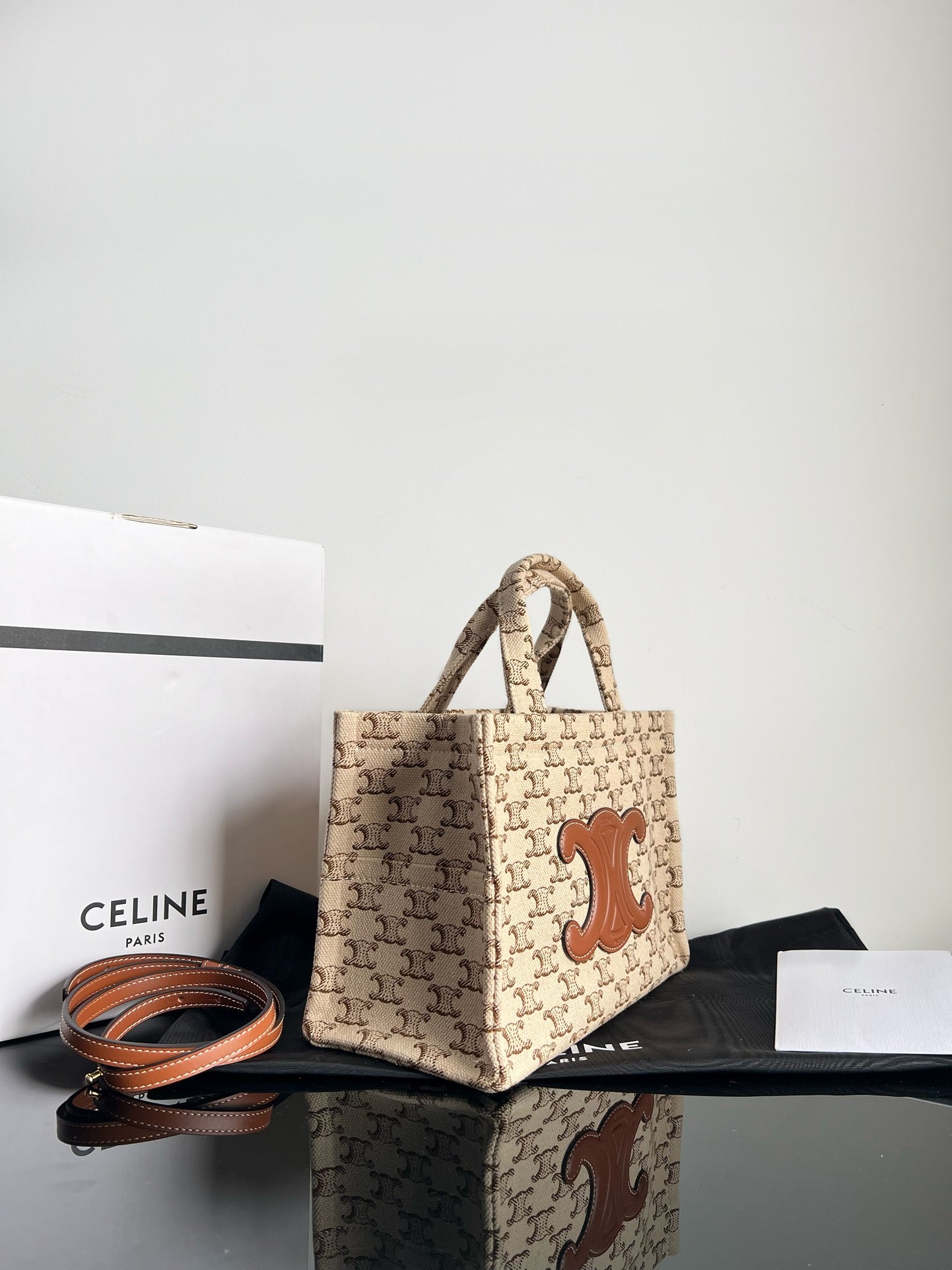 Celine SMALL CABAS THAIS 25.5 BEIGE CANVAS TRIOMPHE CALFSKIN