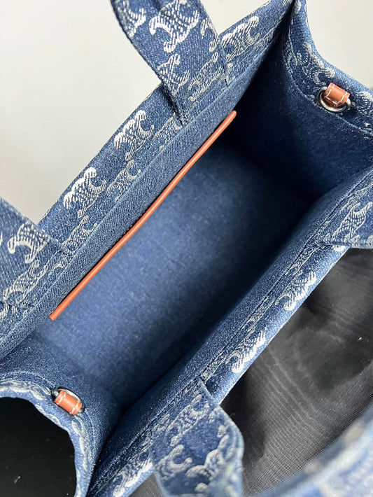 Celine SMALL CABAS THAIS 25.5 MONOGRAM BLUE DENIM TRIOMPHE CALFSKIN