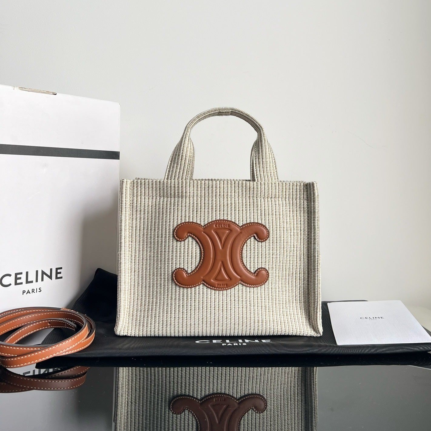 Celine SMALL CABAS THAIS 25.5 CREAM STRIPED FABRIC TRIOMPHE CALFSKIN