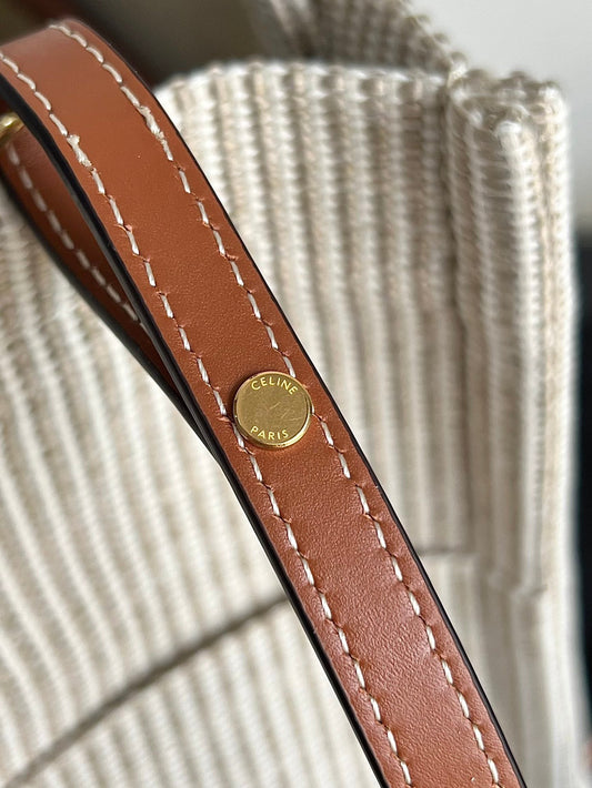 Celine SMALL CABAS THAIS 25.5 CREAM STRIPED FABRIC TRIOMPHE CALFSKIN