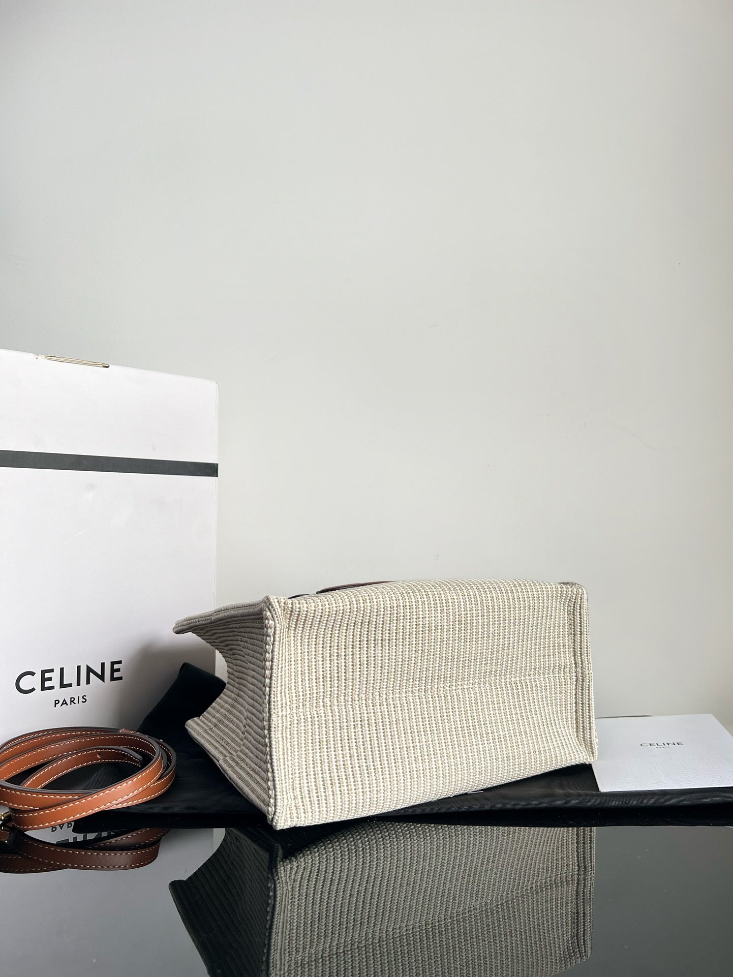 Celine SMALL CABAS THAIS 25.5 CREAM STRIPED FABRIC TRIOMPHE CALFSKIN