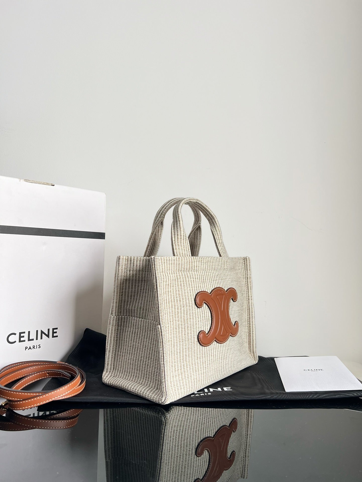 Celine SMALL CABAS THAIS 25.5 CREAM STRIPED FABRIC TRIOMPHE CALFSKIN