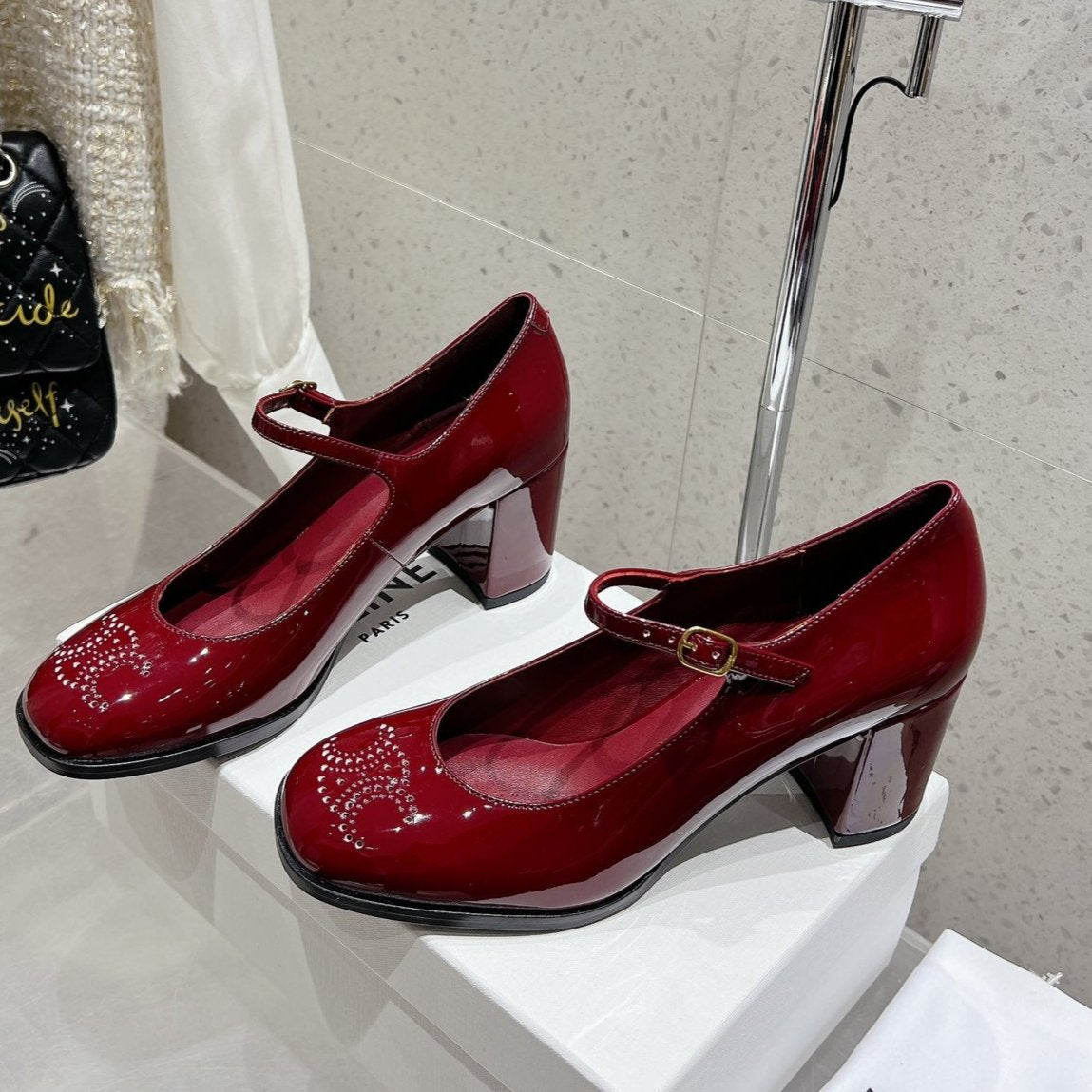 Celine HIGH MARY JANE SHOES IN GARNET RED PATENT CALFSKIN