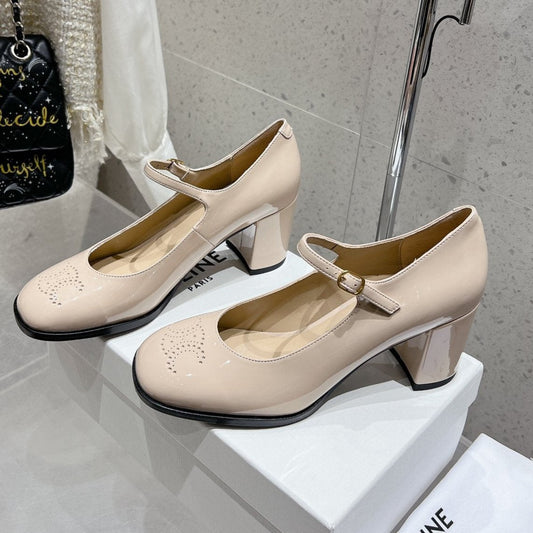 Celine HIGH MARY JANE SHOES IN TAN BEIGE PATENT CALFSKIN