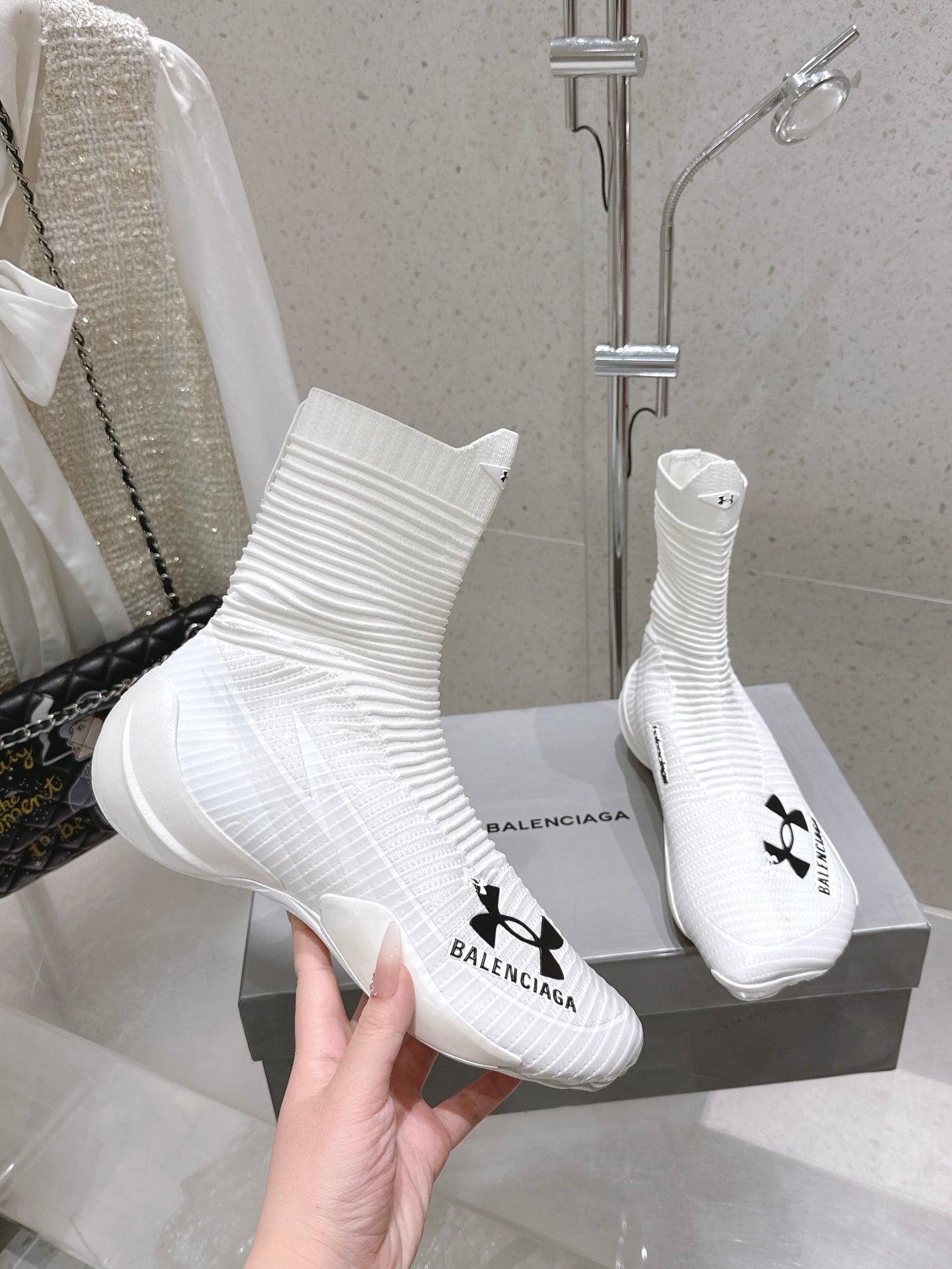 Balanciaga UNDER ARMOUR HYPER SNEAKER IN WHITE MIX BLACK KNITTED FABRIC