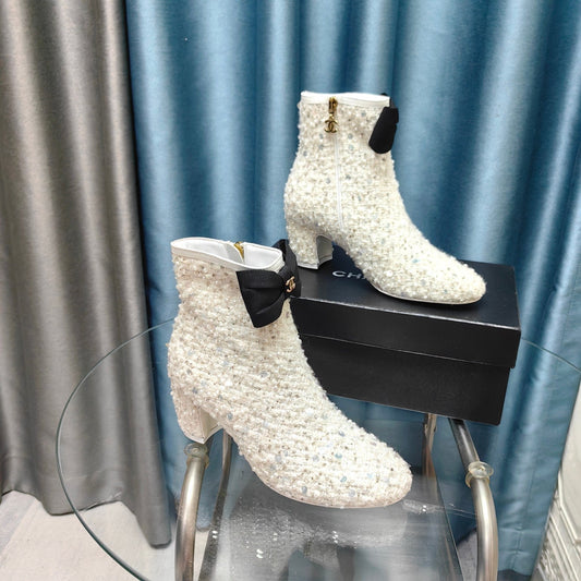 CHANEL Ankle Boots White Bow Tweed Sequin Beaded Fabric