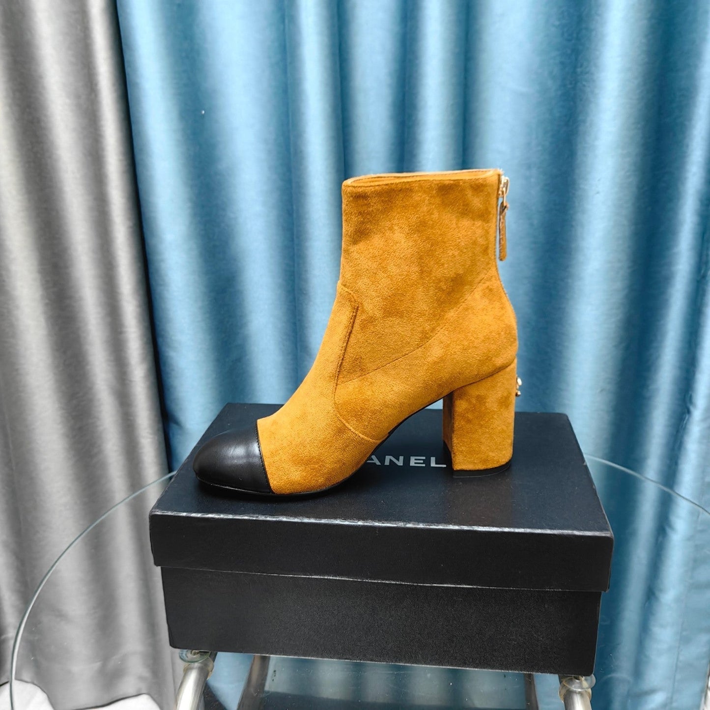 CHANEL Ankle Boots 70mm Yellow Orange Suede
