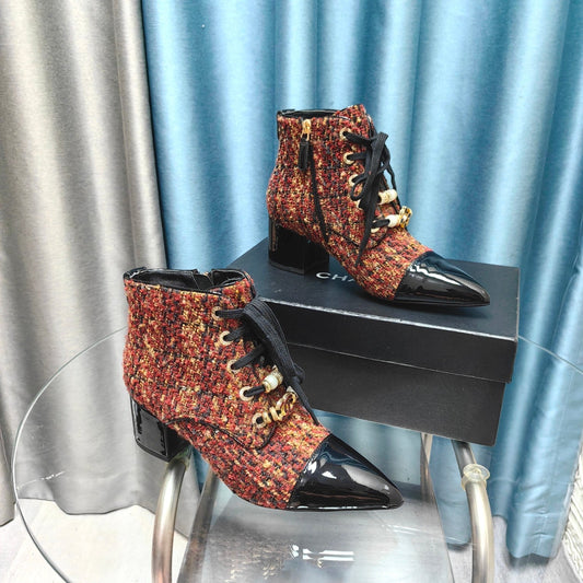 CHANEL Ankle Boots Red Orange Tweed Fabric And Lambskin