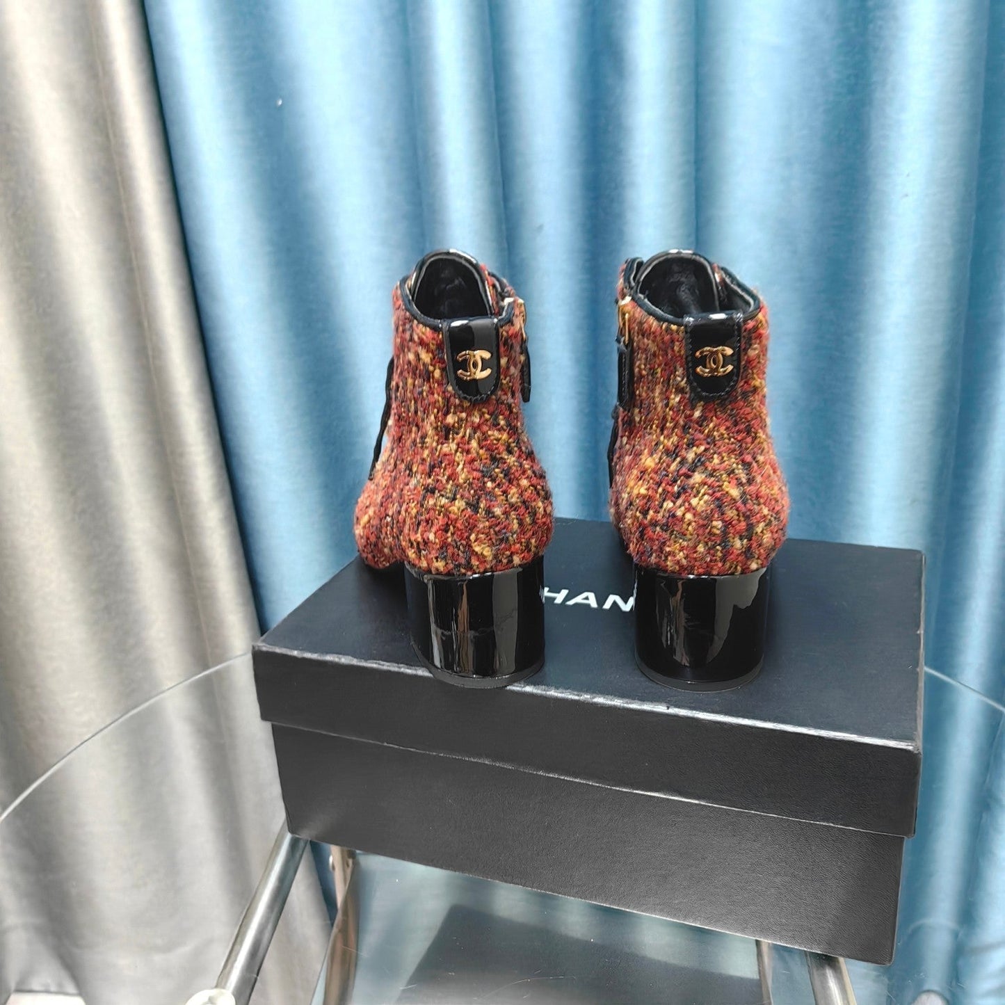 CHANEL Ankle Boots Red Orange Tweed Fabric And Lambskin
