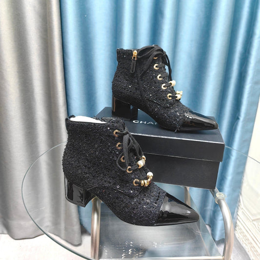 CHANEL Ankle Boots Black Tweed Fabric And Lambskin
