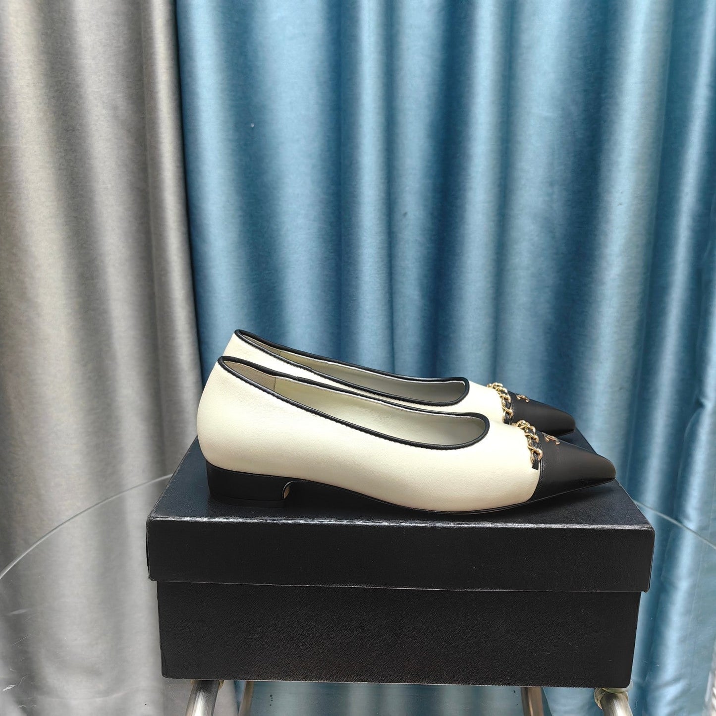 CHANEL Ballet Flats White Chain Lambskin