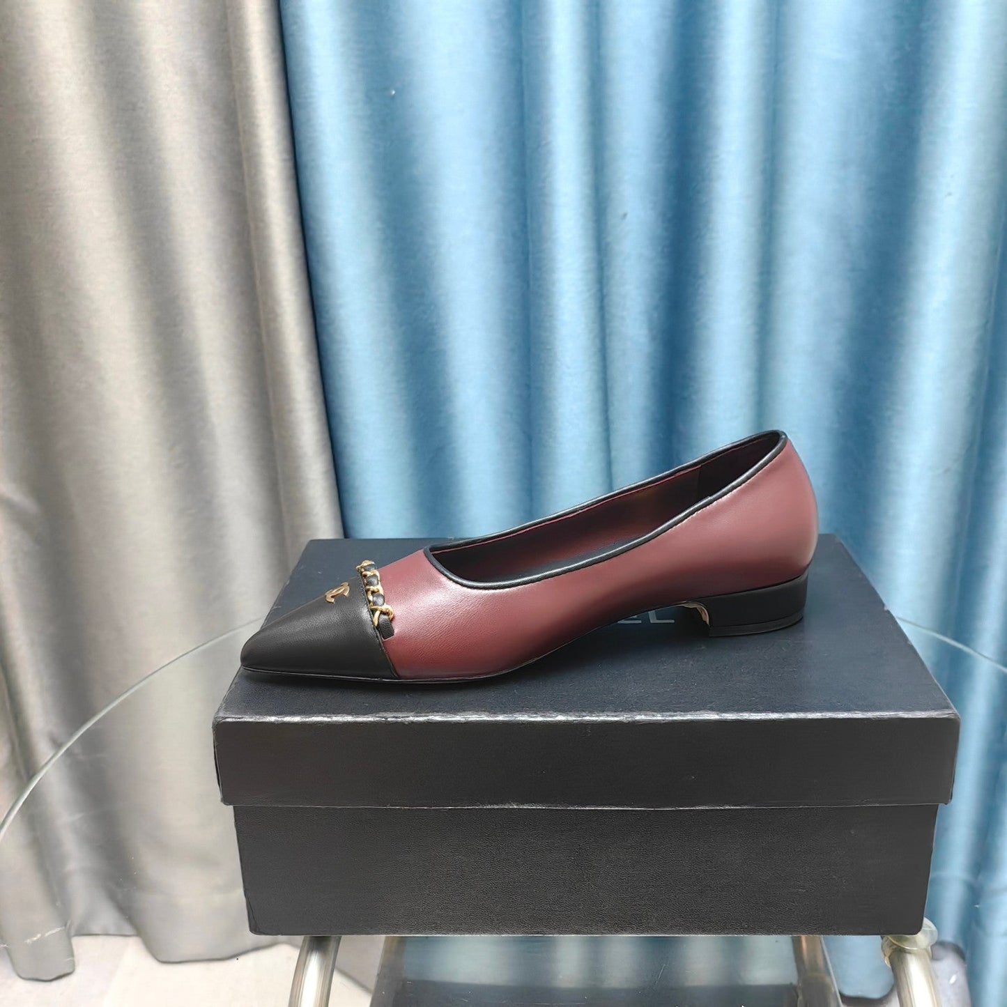 CHANEL Ballet Flats Burgundy Chain Lambskin