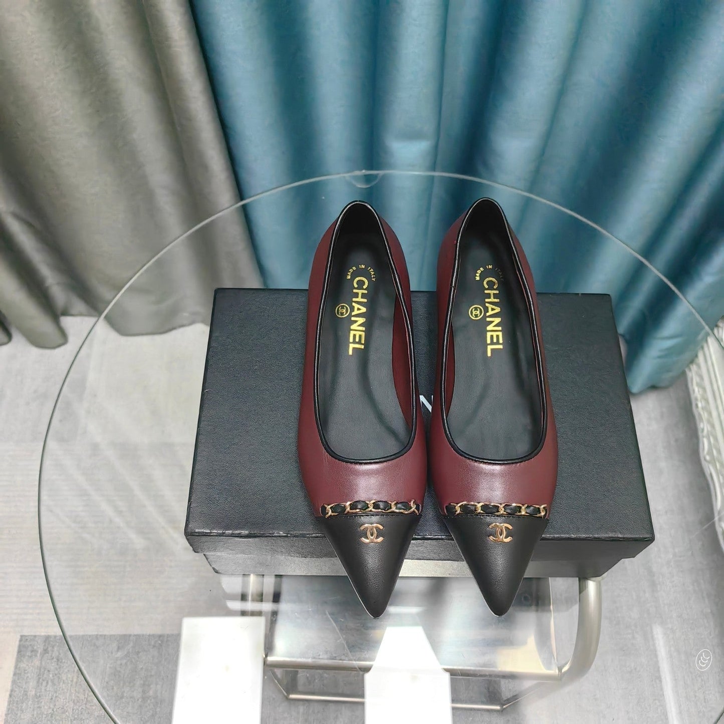 CHANEL Ballet Flats Burgundy Chain Lambskin