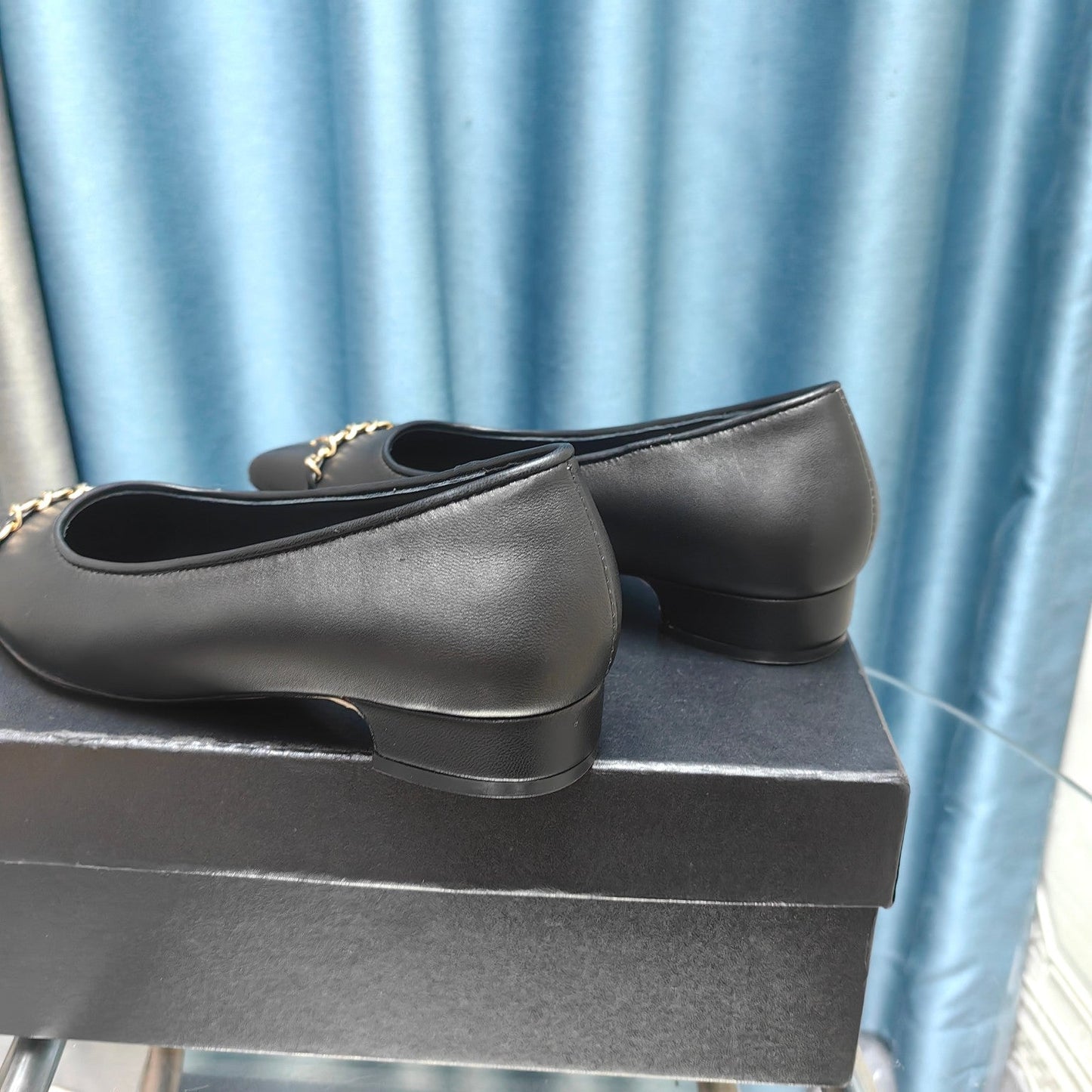 CHANEL Ballet Flats Black Chain Lambskin