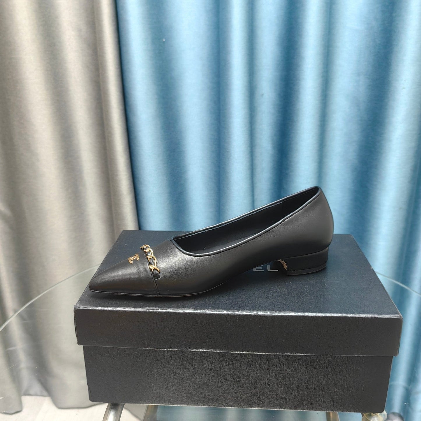 CHANEL Ballet Flats Black Chain Lambskin