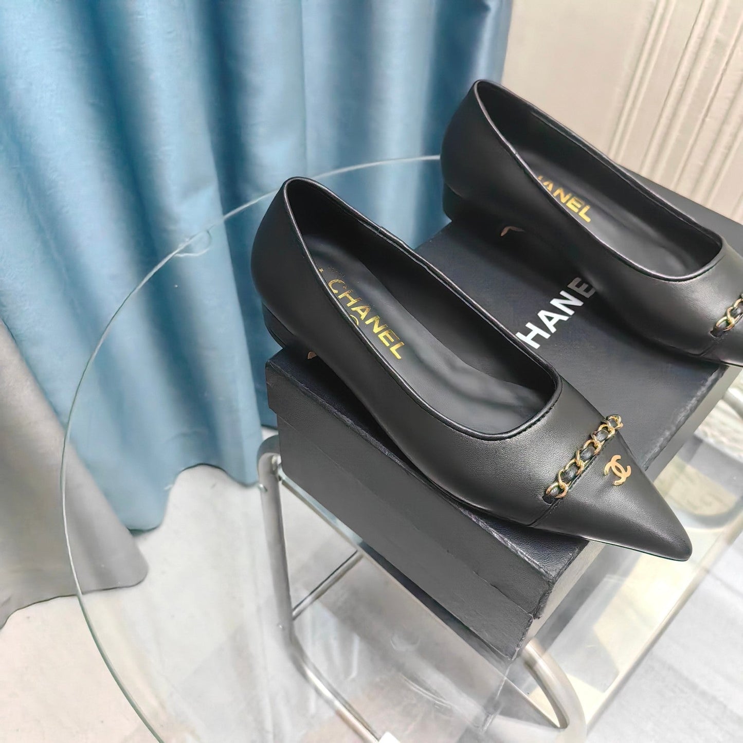 CHANEL Ballet Flats Black Chain Lambskin