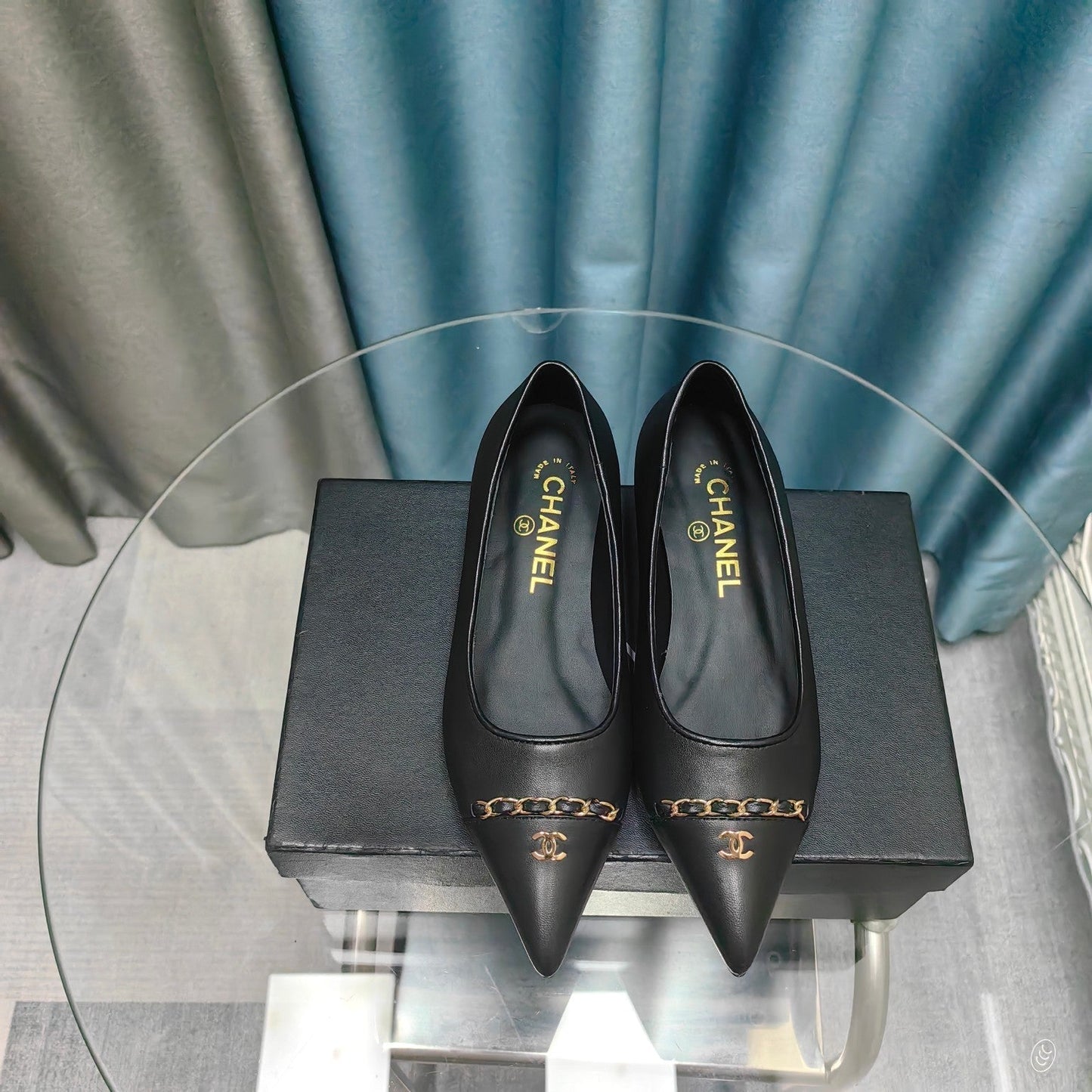 CHANEL Ballet Flats Black Chain Lambskin
