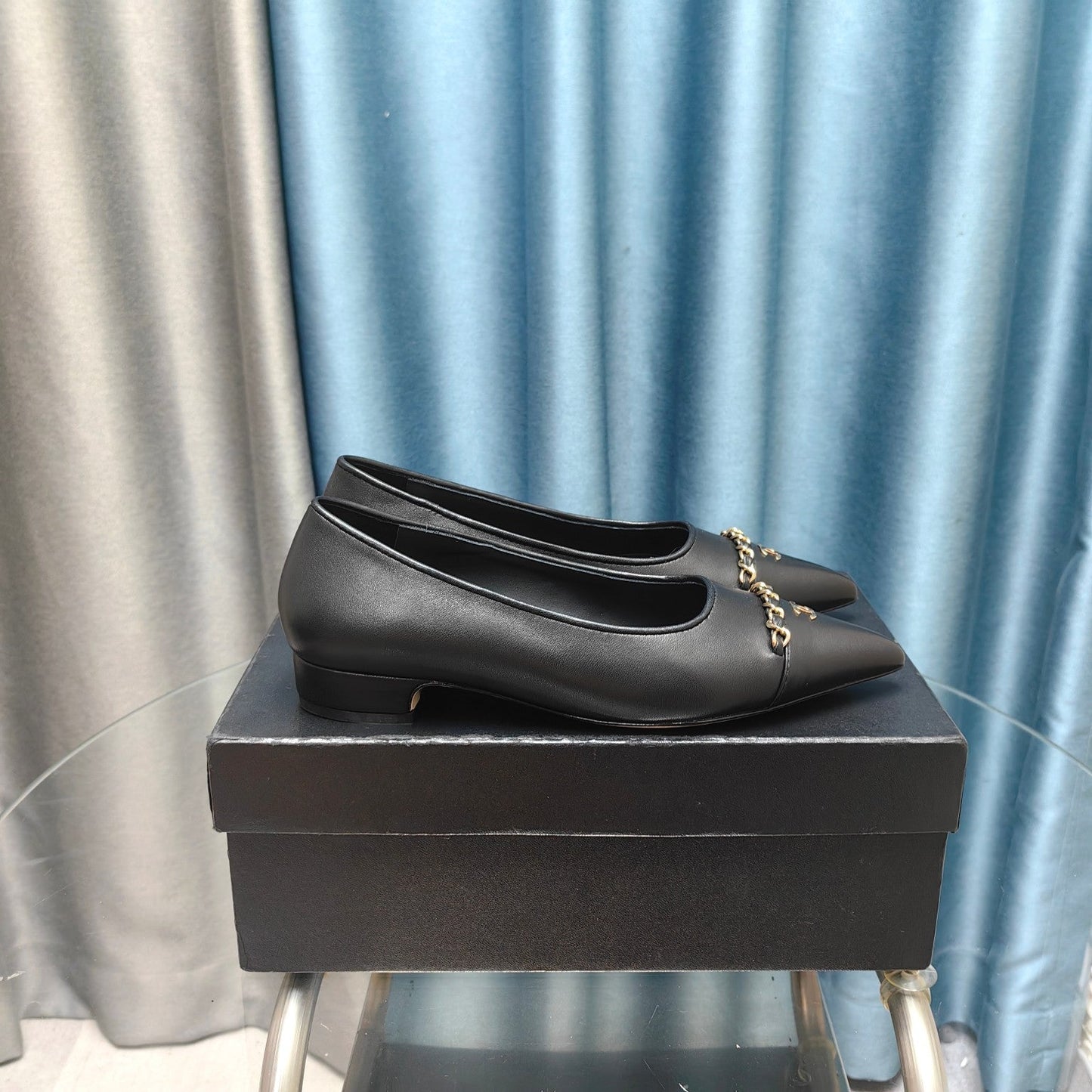 CHANEL Ballet Flats Black Chain Lambskin